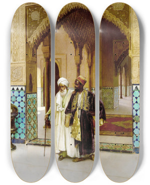 Triptych art skateboard deck of Rudolf Ernst After Prayers by Rudolf Ernst (1854-1932)