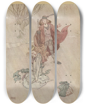 Triptych art skateboard deck of William Heath Robinson The Swineherd Scolded And The Rain Poured Down by William Heath Robinson (1872-1944)