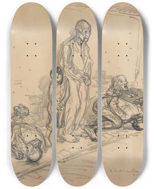 Triptych art skateboard deck of Thophile Alexandre Steinlen The Hostages by Theophile Alexandre Steinlen (1859-1923)