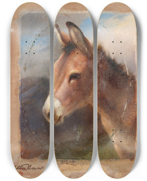 Triptych art skateboard deck of Walter Hunt Head Study Of A Donkey by Walter Hunt (1861-1941)
