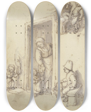 Triptych art skateboard deck of Adriaen Van Ostade Studienblatt Eine Mutter Und Ihre Tochter In Der Haustr Ein Mdchen An Der Hand Der Mutter Und Zwei Sitzende Jungen by Adriaen Van Ostade (1610-1684)