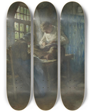 Triptych art skateboard deck of Bernardus Johannes Blommers The Town Tailors by Bernardus Johannes Blommers (1845-1915)
