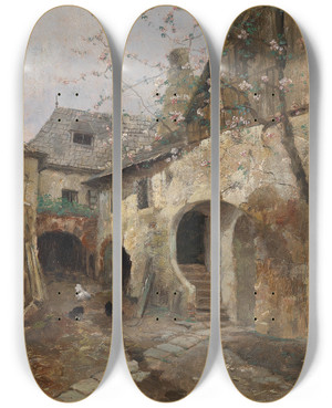 Triptych art skateboard deck of Paul Unbereit Hof In Joching by Paul Unbereit (1884-1937)