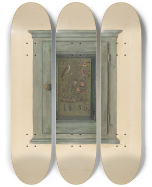 Triptych art skateboard deck of Angelo Bulone Zoar Blue Bonnet Cabinet by Angelo Bulone