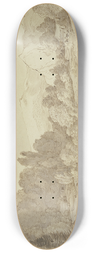Jacob Esselens - Gebirgslandschaft mit einem Waldbach, an welchem ein Angler sitzt 8.25 inch art skate deck