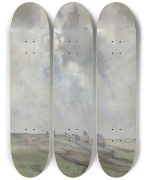 Triptych art skateboard deck of Frans Smissaert Het Drogen Van Netten by Frans Smissaert (1862-1944)