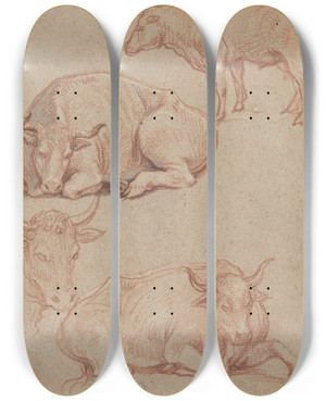 Triptych art skateboard deck of Claude Lorrain Four Cows by Claude Lorrain (1604-1682)
