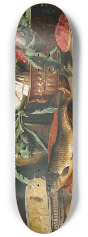 Jacob Foppens van Es - Still Life With A Fish On A Terracotta Plate, Bunches Of Asparagus, Artichokes And Cherries In A Scalloped Dish, 8.25 inch art skate deck
