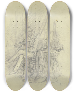 Triptych art skateboard deck of Jakob Becker Sitzender Mann Mit Einem Vogel Auf Der Schulter by Jakob Becker (1810-1872)
