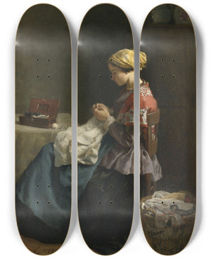 Triptych art skateboard deck of Jules Breton La Petite Couturire by Jules Breton (1827-1906)