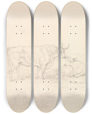 Triptych art skateboard deck of Samuel Howitt Bull And Cow by Samuel Howitt (1756-1822)