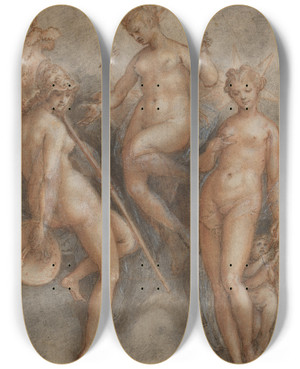 Triptych art skateboard deck of Jan Van Der Straet Three Goddesses Minerva Juno And Venus by Jan van der Straet (1523-1605)