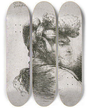Triptych art skateboard deck of Giovanni Benedetto Castiglione Man In Profile_2 by Giovanni Benedetto Castiglione (1609-1664)