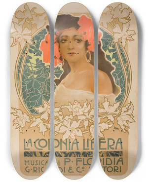 Triptych art skateboard deck of Leopoldo Metlicovitz La Colonia Libera by Leopoldo Metlicovitz (1868-1944)