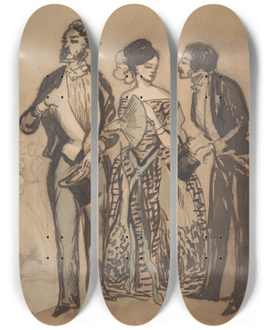 Triptych art skateboard deck of Constantin Guys Two Gentlemen And A Lady by Constantin Guys (1805-1892)