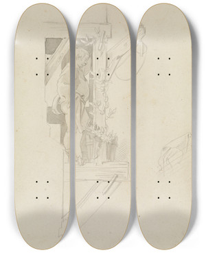 Triptych art skateboard deck of Moritz Von Schwind Moritz Von Schwind Auf Dem Baugerst by Moritz Von Schwind (1804-1871)