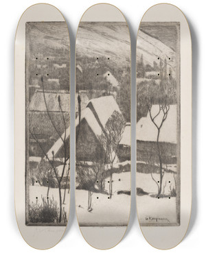 Triptych art skateboard deck of Gustav Kampmann Dorf Im Schnee by Gustav Kampmann (1859-1917)