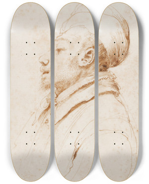 Triptych art skateboard deck of Guercino Karikatur Eines Mannes Im Profil Nach Links by Guercino (1591-1666)