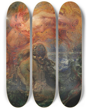 Triptych art skateboard deck of Henry John Stock Fire And The Sea by Henry John Stock (1853-1930)