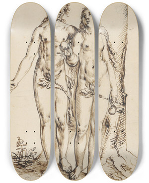 Triptych art skateboard deck of Niklaus Bock Adam Und Eva by Niklaus Bock (1580-1624)