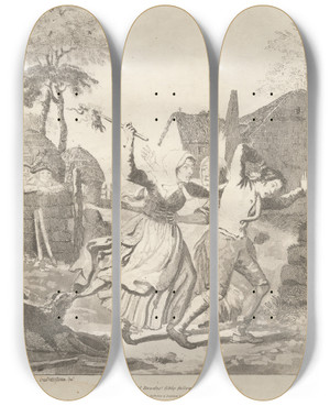 Triptych art skateboard deck of David Allan Madge And Bauldy by David Allan (1744-1796)