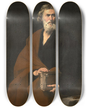 Triptych art skateboard deck of Jusepe De Ribera Saint Matthew by Jusepe de Ribera (1591-1652)
