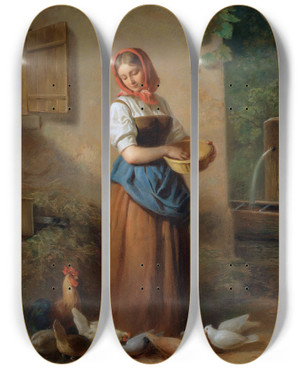 Triptych art skateboard deck of Georg Decker Ein Mdchen Hhner Und Tauben Ftternd by Georg Decker (1818-1894)