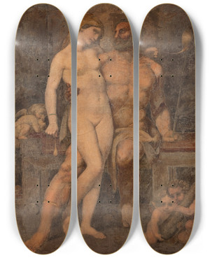 Triptych art skateboard deck of Anton Von Gegenbaur Hercules And Omphale by Anton Von Gegenbaur (1800-1876)