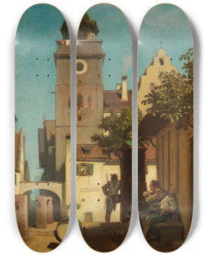 Triptych art skateboard deck of Carl Spitzweg Die Stadtwache by Carl Spitzweg (1808-1880)