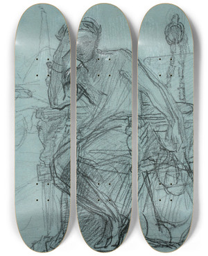 Triptych art skateboard deck of Thomas Couture Damocls Assis by Thomas Couture (1815-1879)