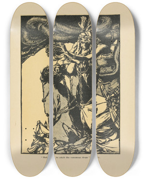 Triptych art skateboard deck of Arthur Rackham Held A Cup To Catch The Venomous Drops by Arthur Rackham (1867-1939)