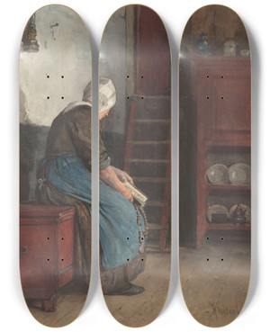 Triptych art skateboard deck of Hendrik Valkenburg De Treurende Weduwe by Hendrik Valkenburg (1826-1896)