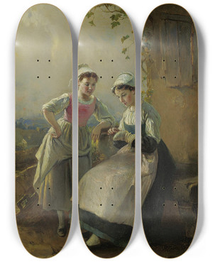 Triptych art skateboard deck of Franoislouis Lanfant De Metz Mending Little Socks by Franois-Louis Lanfant De Metz (1814-1892)
