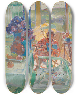 Triptych art skateboard deck of August Rieger A Lady With Parasol Aunt Lotte In Ptzleinsdorf by August Rieger (1886-1941)