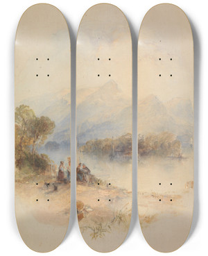 Triptych art skateboard deck of Thomas Creswick The Summer Bower Derwent Water by Thomas Creswick (1811-1869)