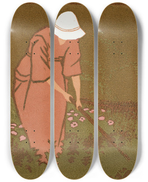 Triptych art skateboard deck of Eric O W Ehrstrm In The Garden by Eric O W Ehrstrom (1881-1934)