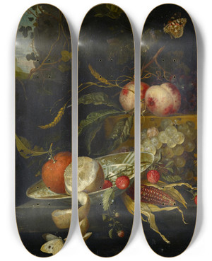 Triptych art skateboard deck of Jacob Van Walscapelle Fruit Piece Still Life by Jacob van Walscapelle (1644-1727)