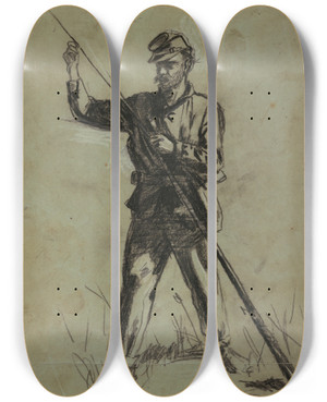 Triptych art skateboard deck of Winslow Homer Cavalry Soldier Loading A Rifle by Winslow Homer (1836-1910)
