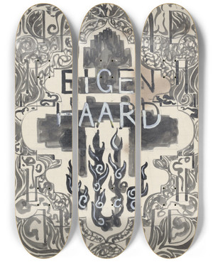 Triptych art skateboard deck of Carel Adolph Lion Cachet Ontwerp Voor De Omslag Van Eigenhaard by Carel Adolph Lion Cachet (1864-1945)
