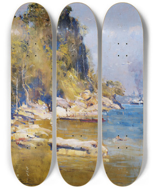 Triptych art skateboard deck of Arthur Streeton From My Camp Sirius Cove by Arthur Streeton (1867-1943)