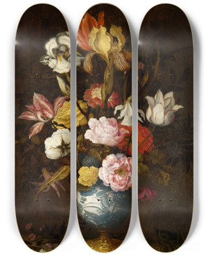 Triptych art skateboard deck of Balthasar Van Der Ast Flowers In A Wanli Vase by Balthasar Van Der Ast (1593-1657)