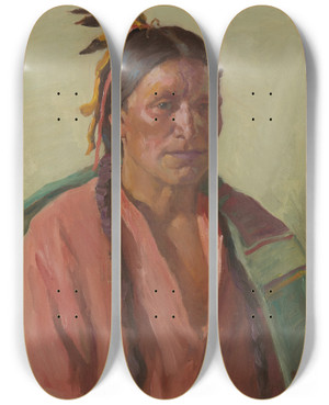 Triptych art skateboard deck of Joseph Henry Sharp Hunting Son by Joseph Henry Sharp (1859-1953)