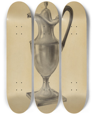 Triptych art skateboard deck of Leo Drozdoff Silver Hot Water Pot by Leo Drozdoff