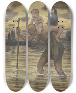 Triptych art skateboard deck of Hans Thoma Saint Christopher by Hans Thoma (1839-1924)