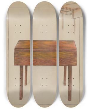 Triptych art skateboard deck of Ruth Bialostosky Drop Leaf Table by Ruth Bialostosky