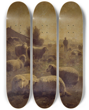 Triptych art skateboard deck of Cornelius Van Leemputten The Flock by Cornelius Van Leemputten (1841-1902)