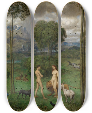 Triptych art skateboard deck of Hans Thoma Im Paradies by Hans Thoma (1839-1924)
