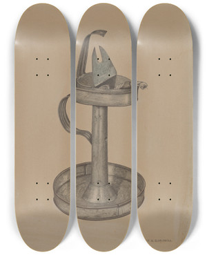 Triptych art skateboard deck of Claude Marshall Betty Lamp And Stand by Claude Marshall