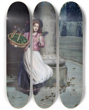 Triptych art skateboard deck of Augustus Edwin Mulready Selling Out_1 by Augustus Edwin Mulready (1844-1904)
