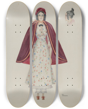 Triptych art skateboard deck of Josephine C Romano Doll Narcissa Savery by Josephine C Romano